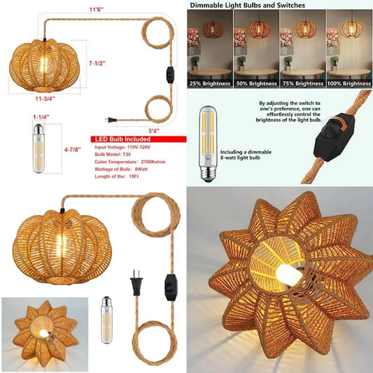 Plug in Pendant Light Rattan Hanging Lights
