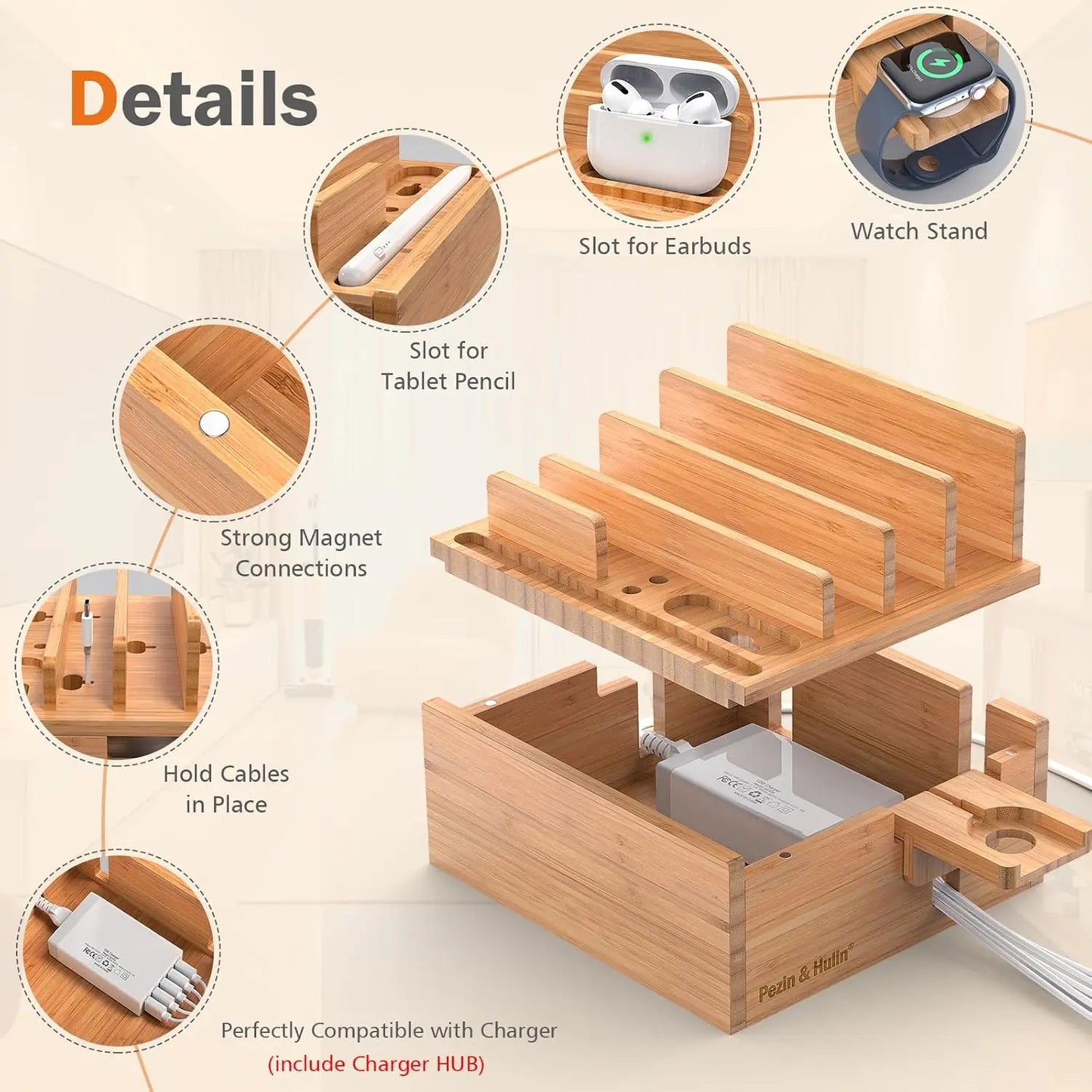 Bamboo Charging Station with 5-Port USB Hub