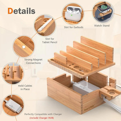 Bamboo Charging Station with 5-Port USB Hub