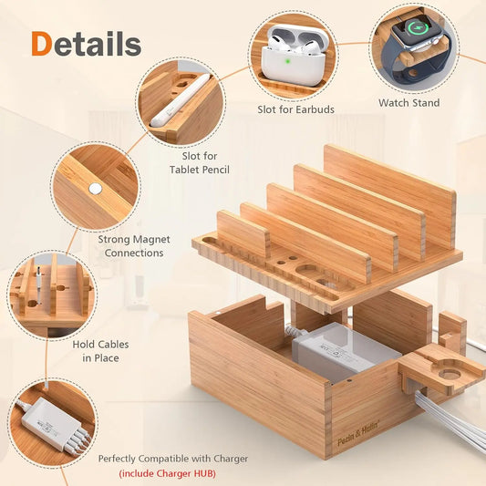 Bamboo Charging Station with 5-Port USB Hub