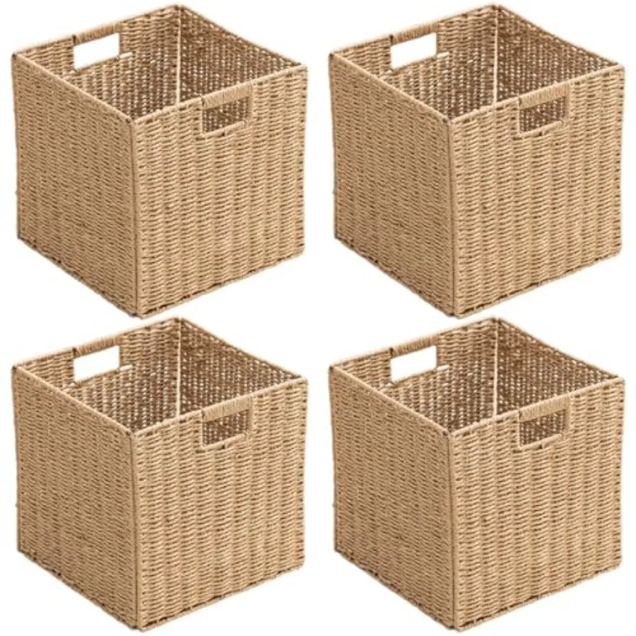 Handwoven Paper Woven Cube Basket with Handles