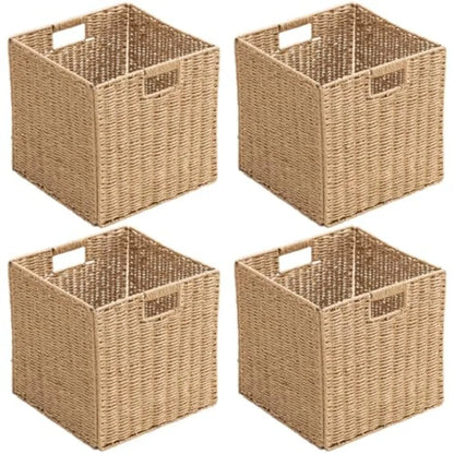 Handwoven Paper Woven Cube Basket with Handles
