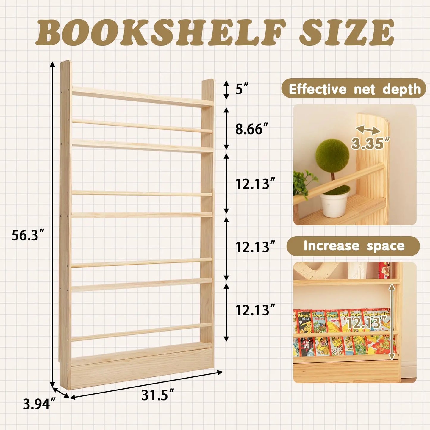 6 Tier Solid Wood Bookshelf