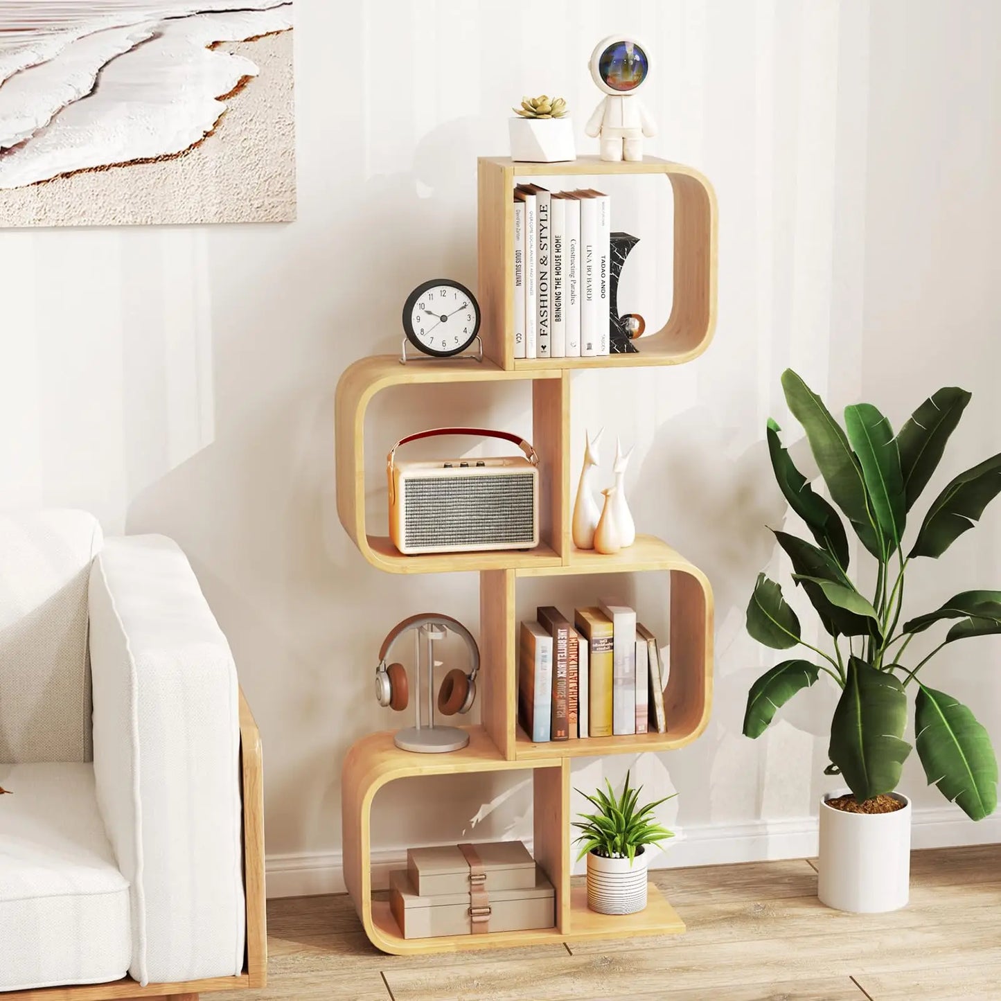 S-Shaped Bamboo Bookshelf 4-Tier Open Cube