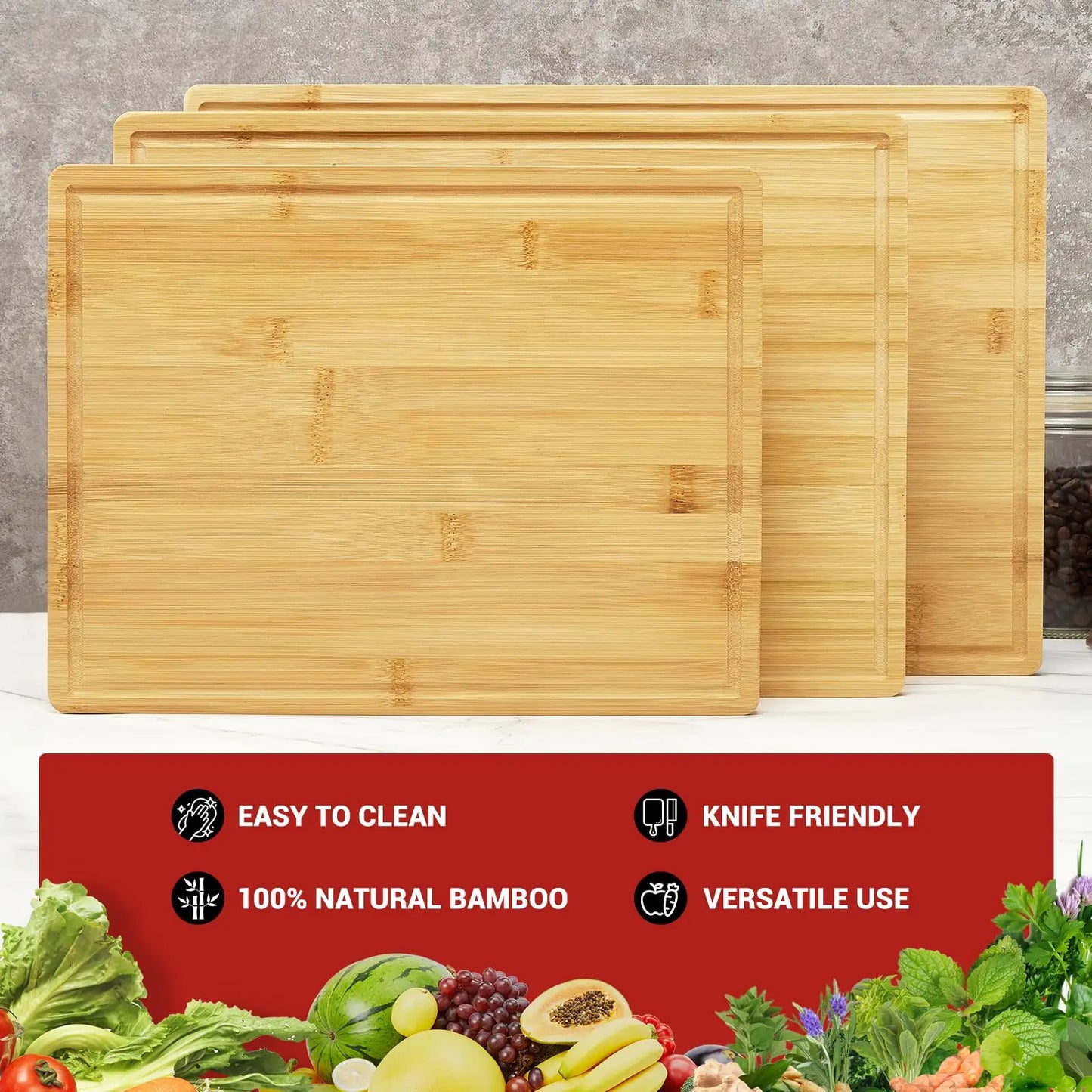 Bamboo Cutting Board Set of 3 with Holder