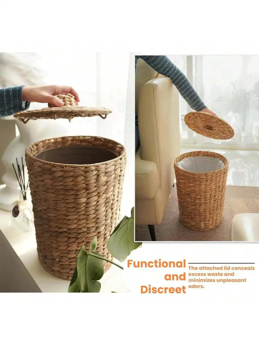 Water Hyacinth Wicker Trash Can With Lid