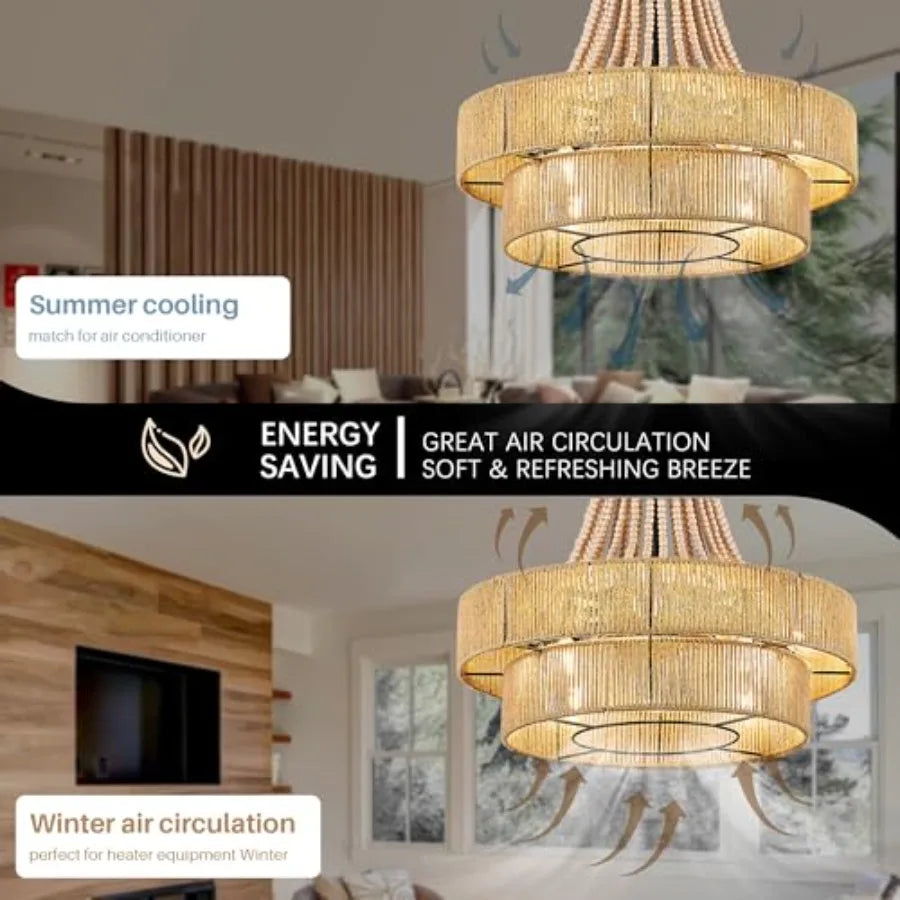 20" Caged Ceiling Fan Boho Rattan Chandelier