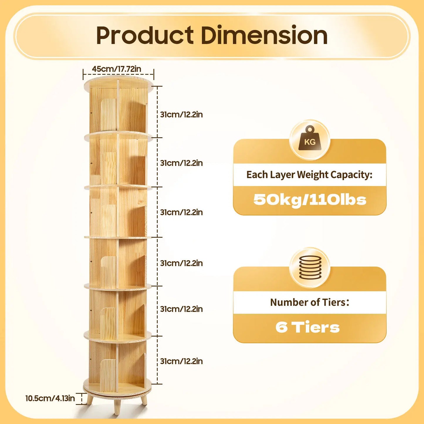 6-Tier Rotating Books Toys Wood Storage Organizer