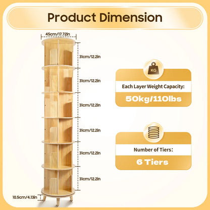 6-Tier Rotating Books Toys Wood Storage Organizer