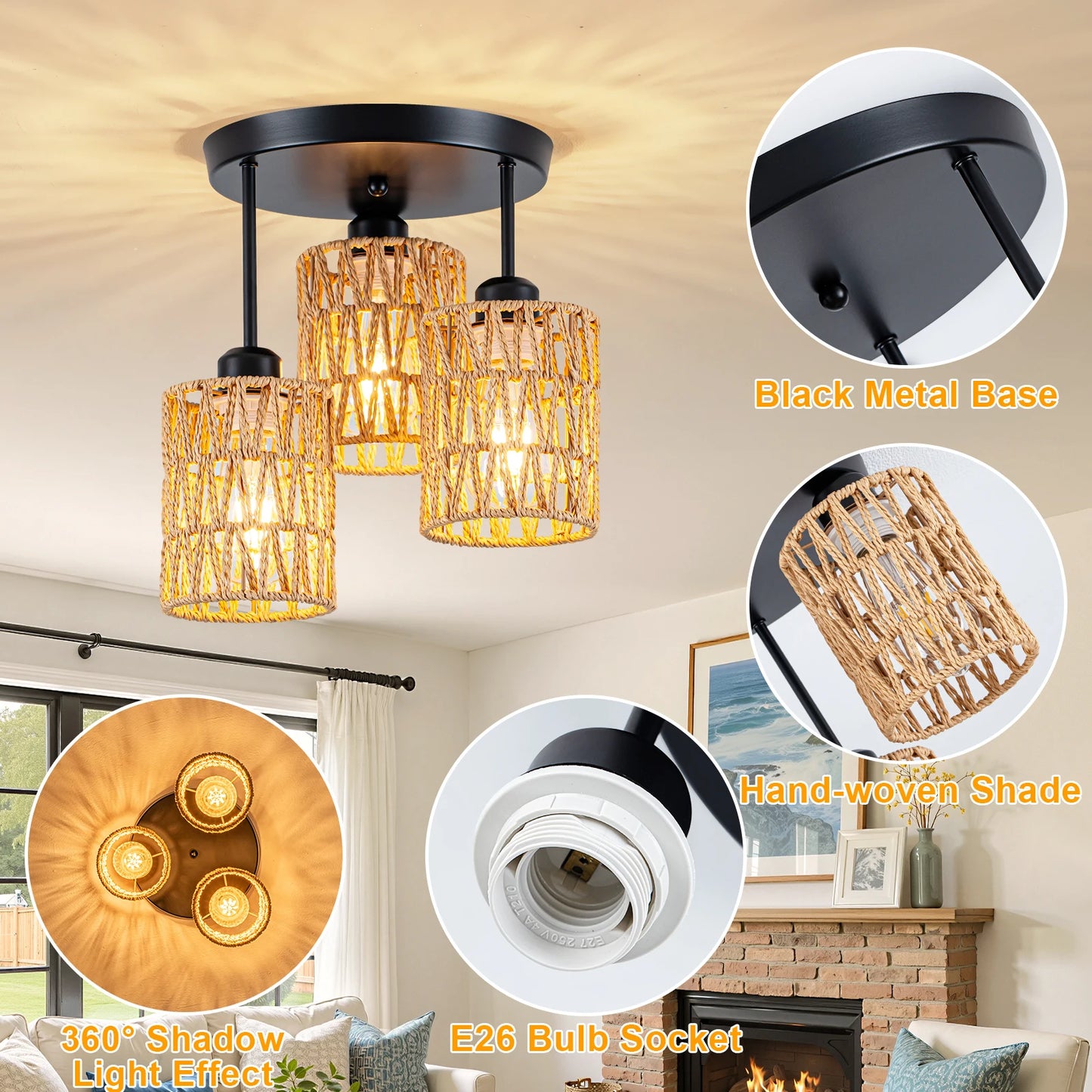 3-Lights Boho Light Fixtures Ceiling Mount
