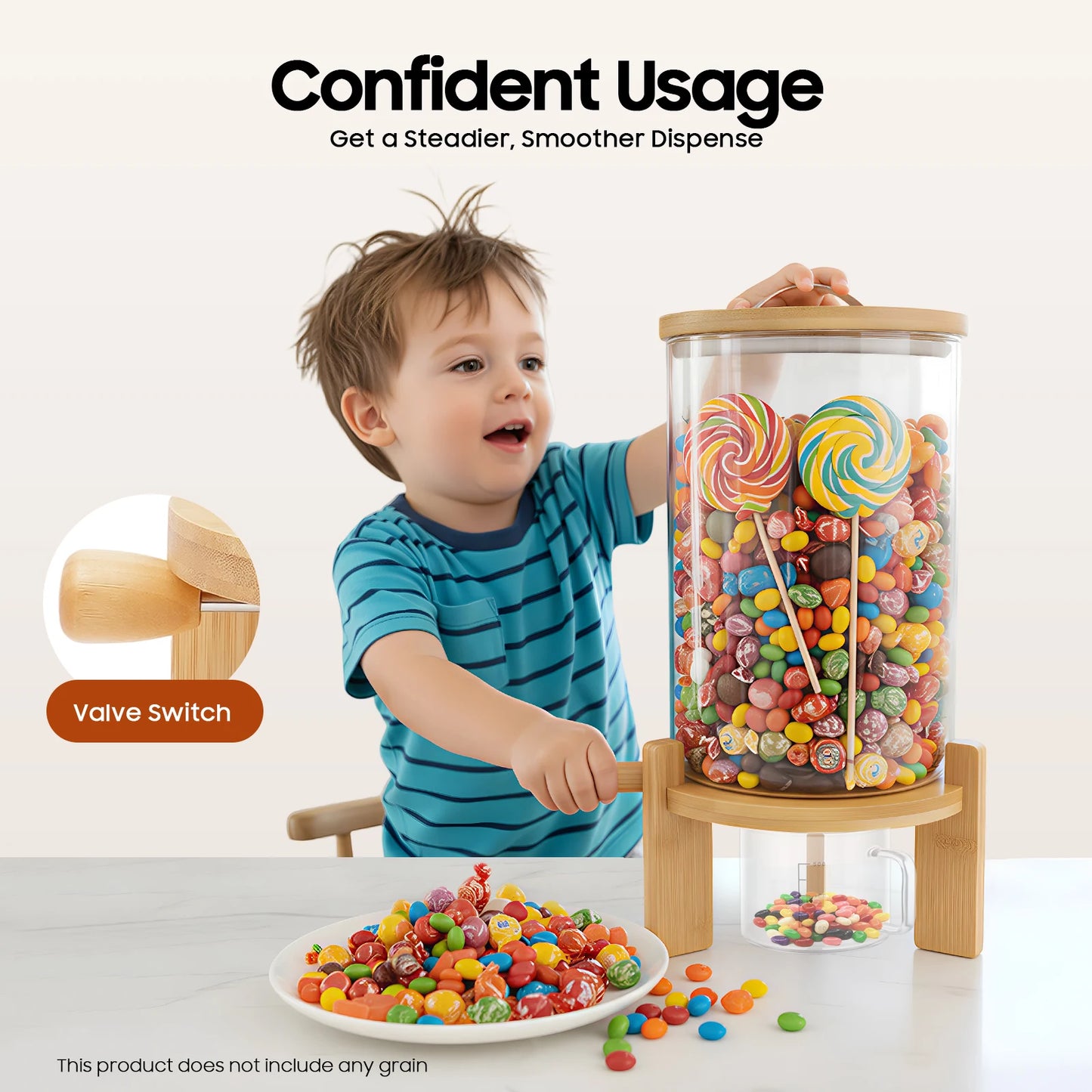 Round Glass Bamboo Cereal Dispenser Storage Container