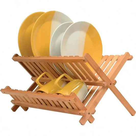 Collapsible 2Tier Bamboo Dish Rack For Kitchen Counter