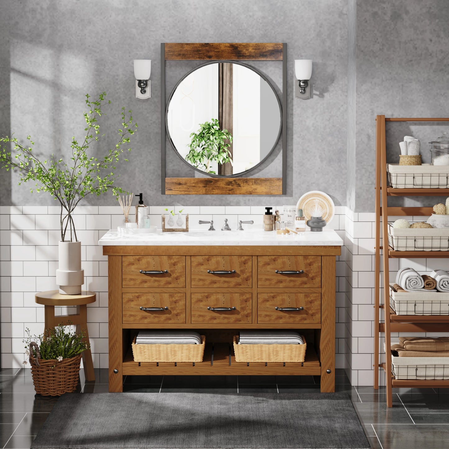 Industrial Metal Wood Frame Wall-Mounted Mirror