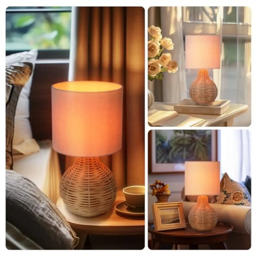 Vintage Wicker Wooden Nightstand Lamp