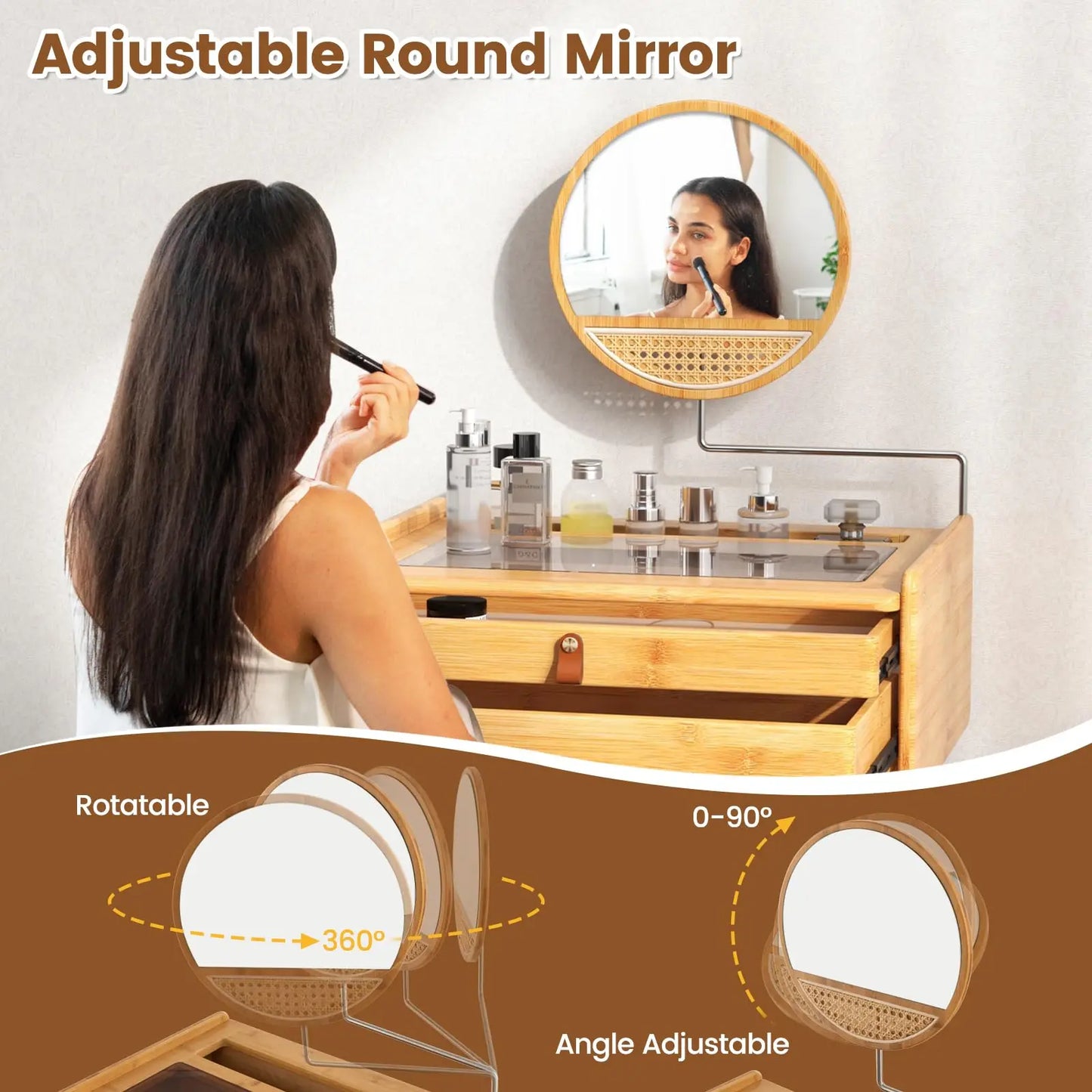 Bamboo Dressing Table With Stool Rotating Mirror