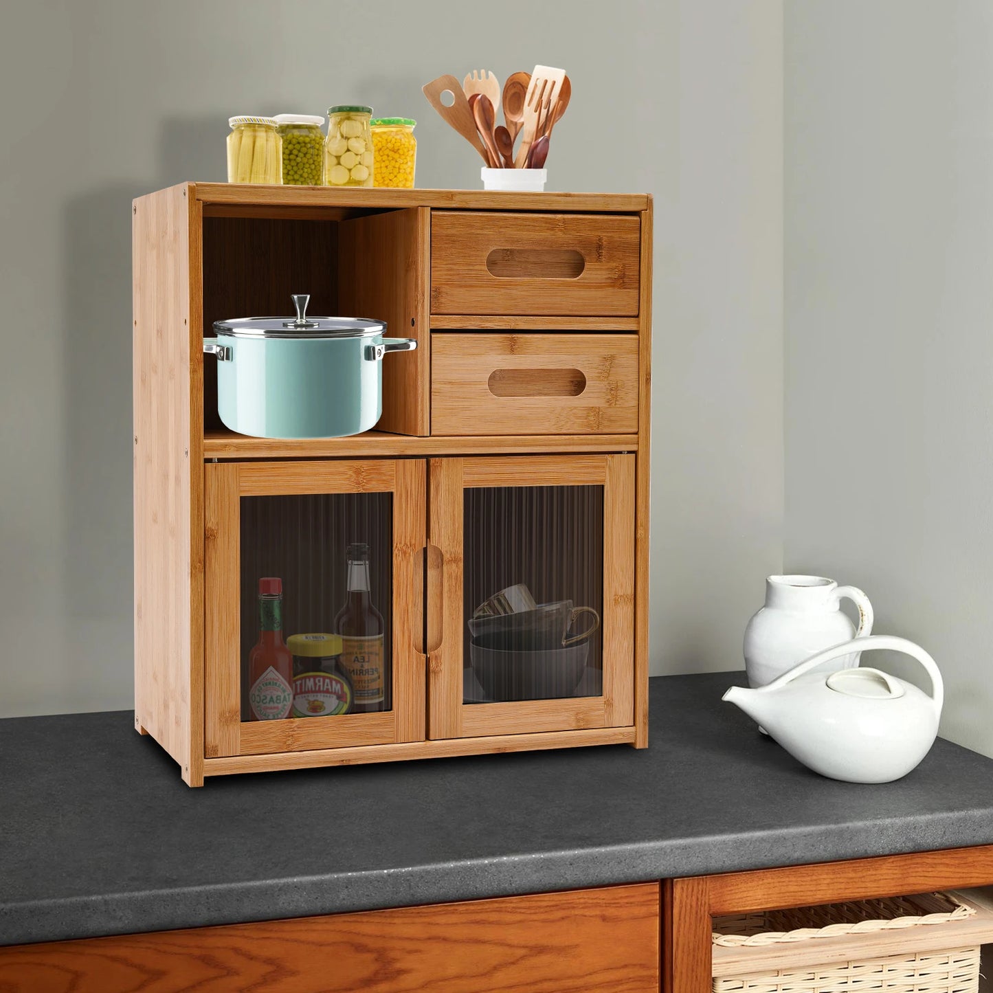 2-Tier Bamboo Kitchen Storage Cabinet with Drawers