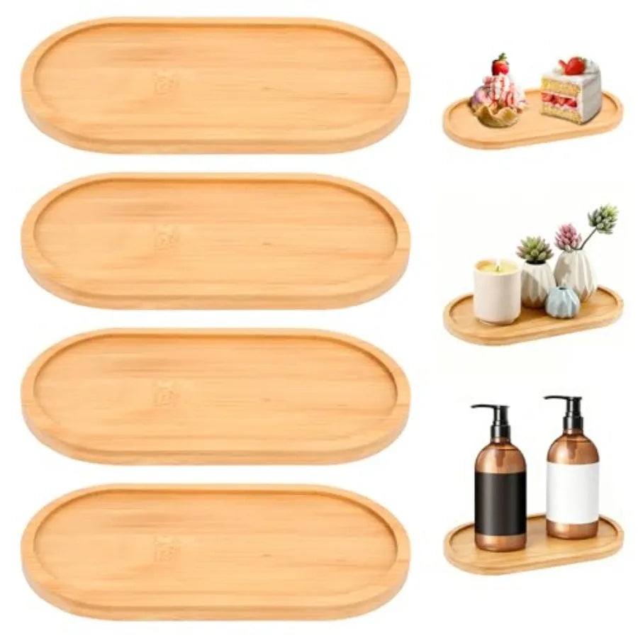 4Pcs Bamboo Oval Wooden Bathroom Tray