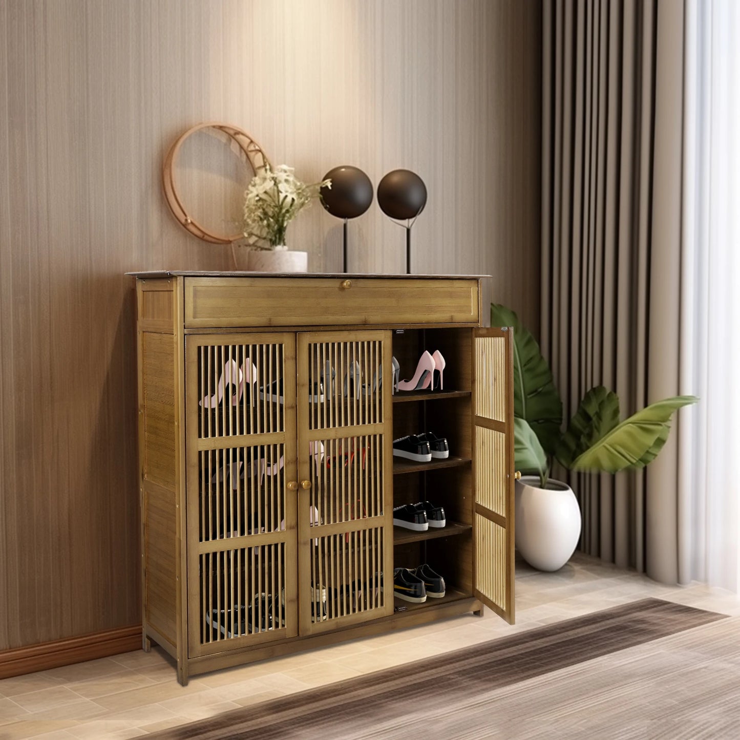 4 Tier Bamboo Shoe Storage Rack with 3 Hollow Doors