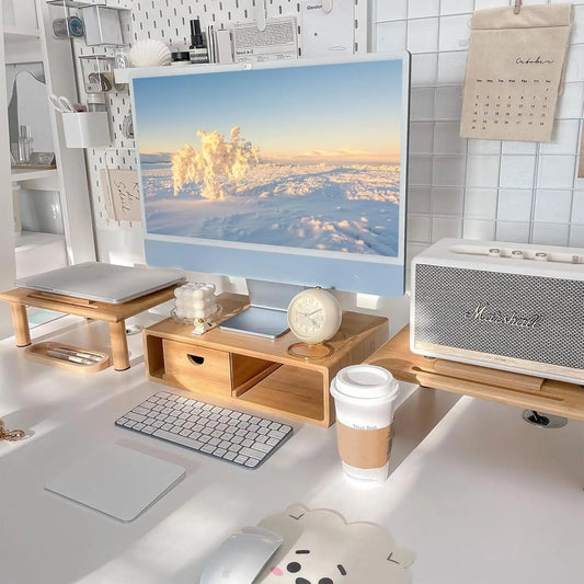 Adjustable Bamboo Monitor Stand with Drawer