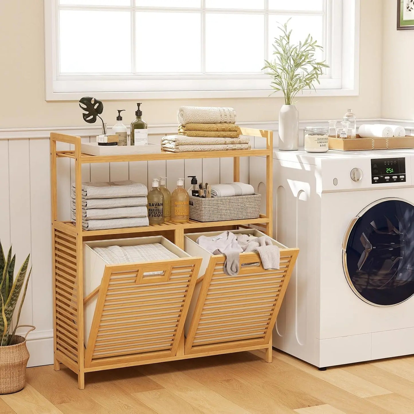 Double Tilt Out Laundry Hamper w/2-Tier Storage Shelf