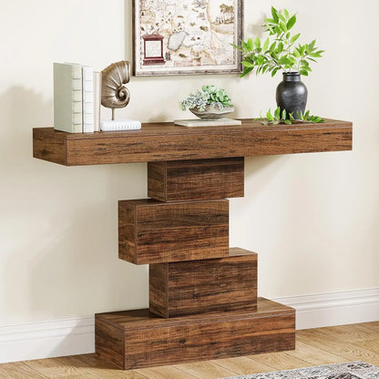 Console Table Narrow Wood  with Geometric Base