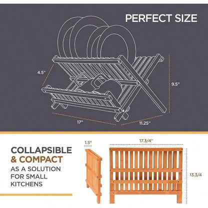 Collapsible 2Tier Bamboo Dish Rack For Kitchen Counter