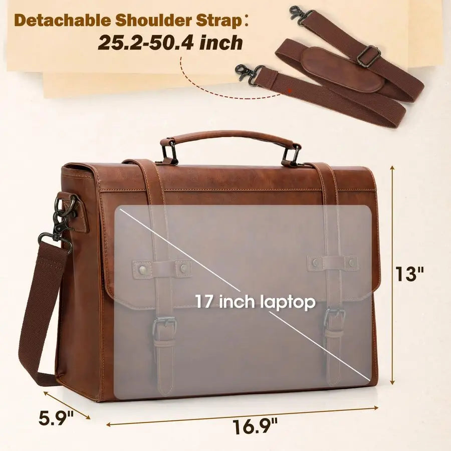 Men's Leather 17 Inch Vintage Briefcase  Laptop Bag