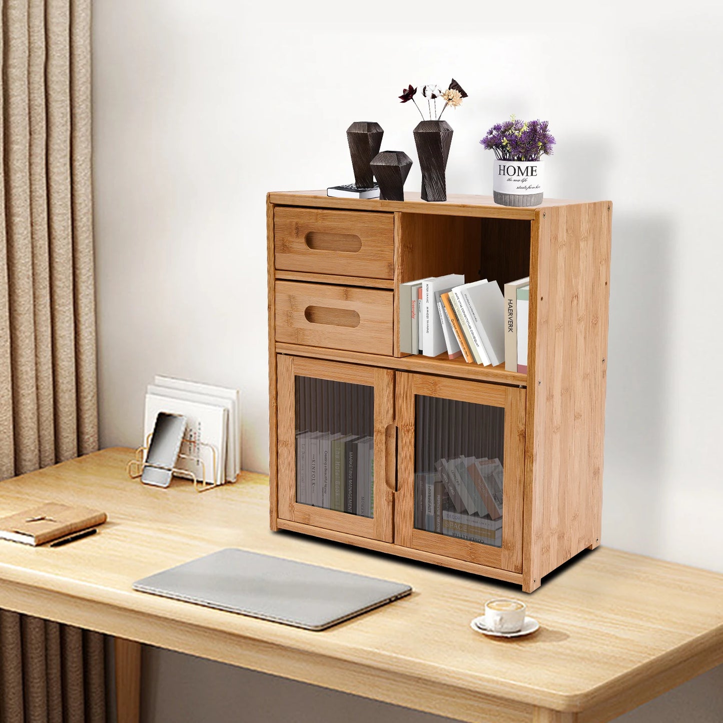 2-Tier Bamboo Kitchen Storage Cabinet with Drawers