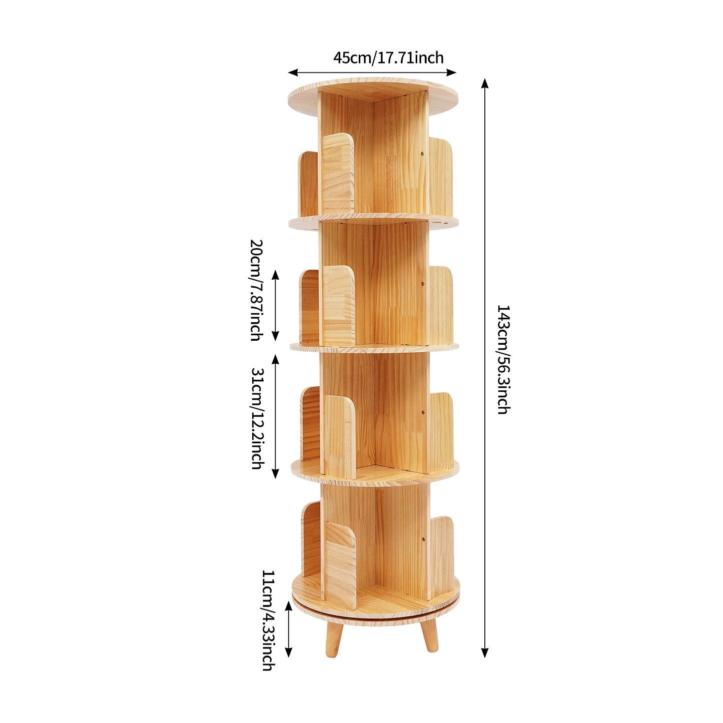 4 Tiers Freestanding Pine Wood Rotating Bookshelf