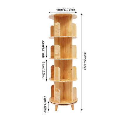 4 Tiers Freestanding Pine Wood Rotating Bookshelf