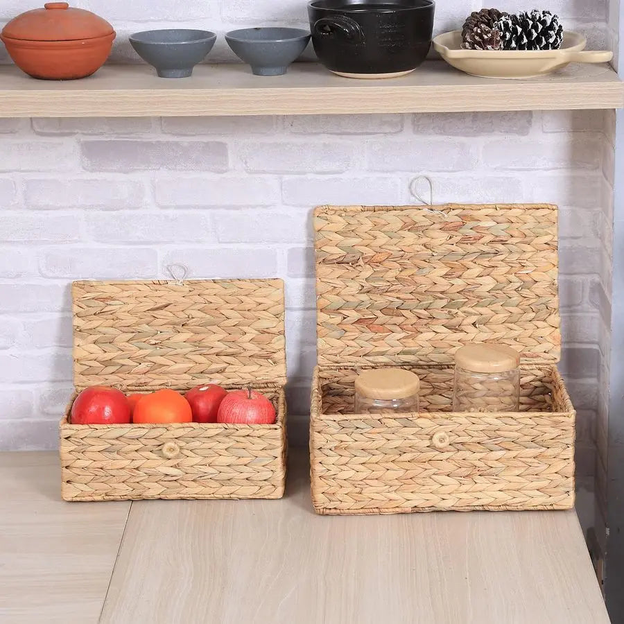 2 Rectangular Wicker Storage Bins with Lid