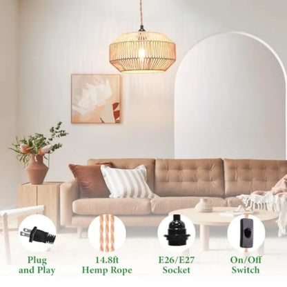 Hanging Lamp Plug-in Pendant Light Rattan
