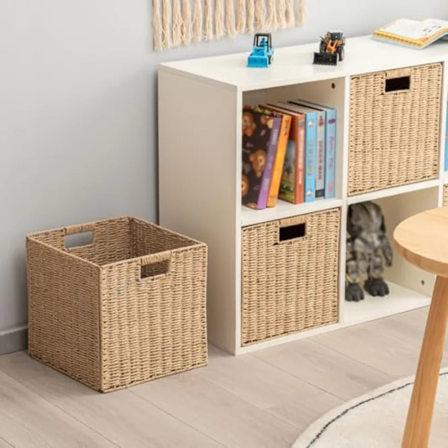Handwoven Paper Woven Cube Basket with Handles