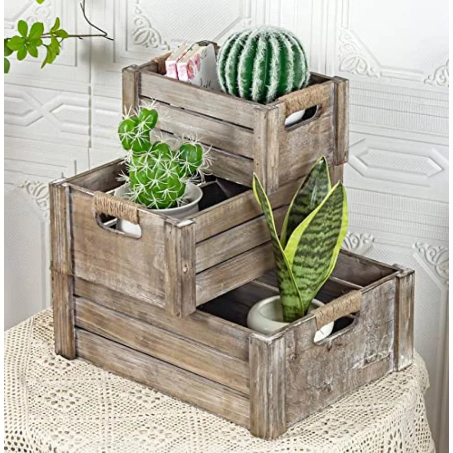 Set of 3 Rustic Distressed Wood Nesting Crates