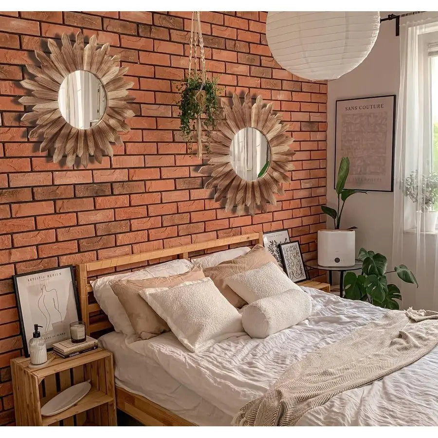 2 Pack 22 Inch Boho Wall Sunburst  Round Wood Mirror