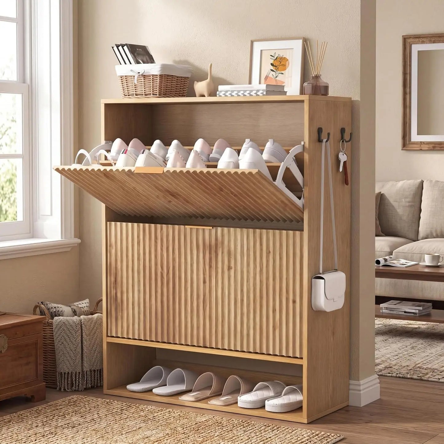 Slim Fluted Shoe Cabinet with 2 Flip Drawers