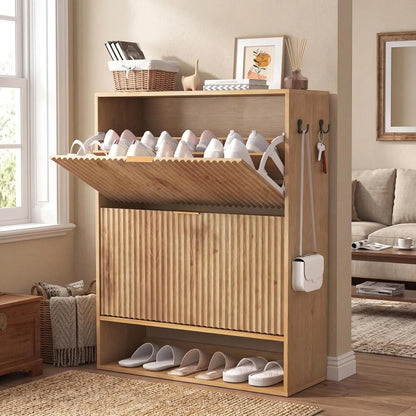 Slim Fluted Shoe Cabinet with 2 Flip Drawers
