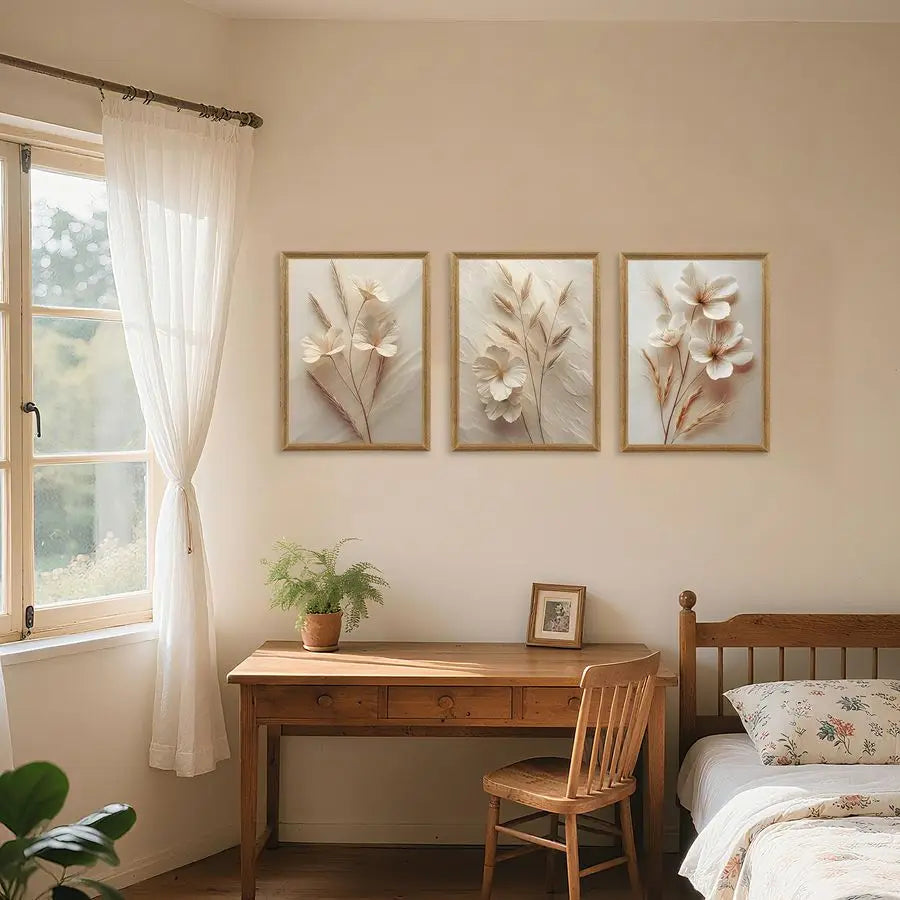 3Pcs Framed Neutral Floral Canvas Wall Art