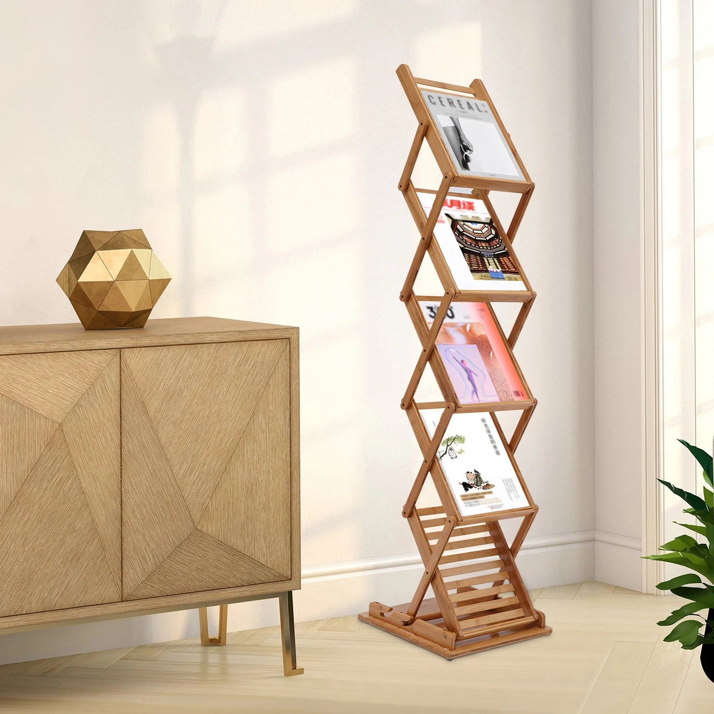 5-Tier Bamboo Floor Stand Folding Magazine Rack