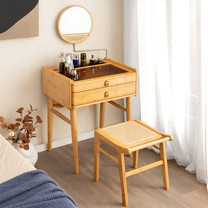 Bamboo Dressing Table With Stool Rotating Mirror