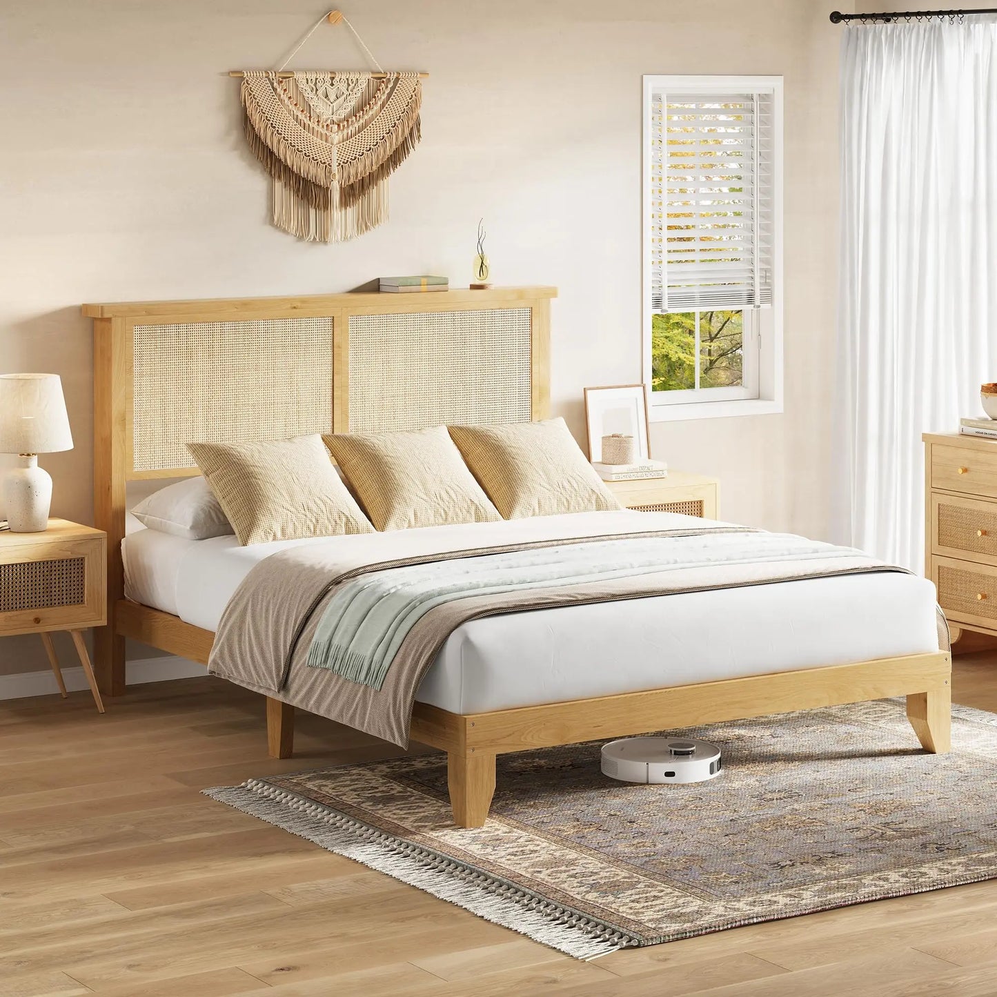 Queen Size Rattan Bed Frame with LED Lights