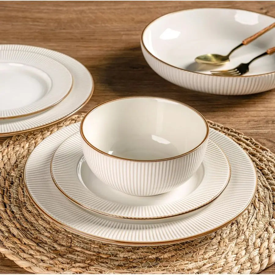 12 pcs Embossed Elegant Stoneware Plates and Bowls Sets