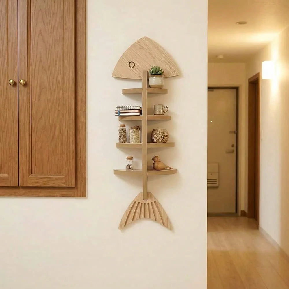 1pcs Creative Wooden Fishbone Wall Storage Shelf
