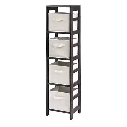 Four-Compartment Wooden Shelf With Foldable Fabric Baskets