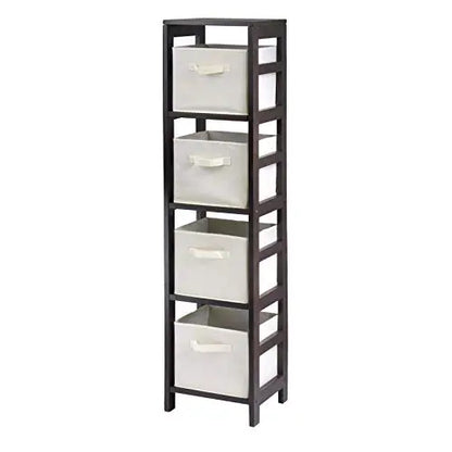 Four-Compartment Wooden Shelf With Foldable Fabric Baskets