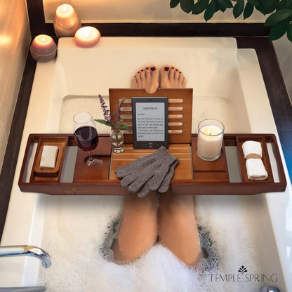 Adjustable Wooden Bathtub Caddy with Soap Dish