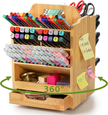 Rotating Bamboo Pen Holder Organizer Desk Stand