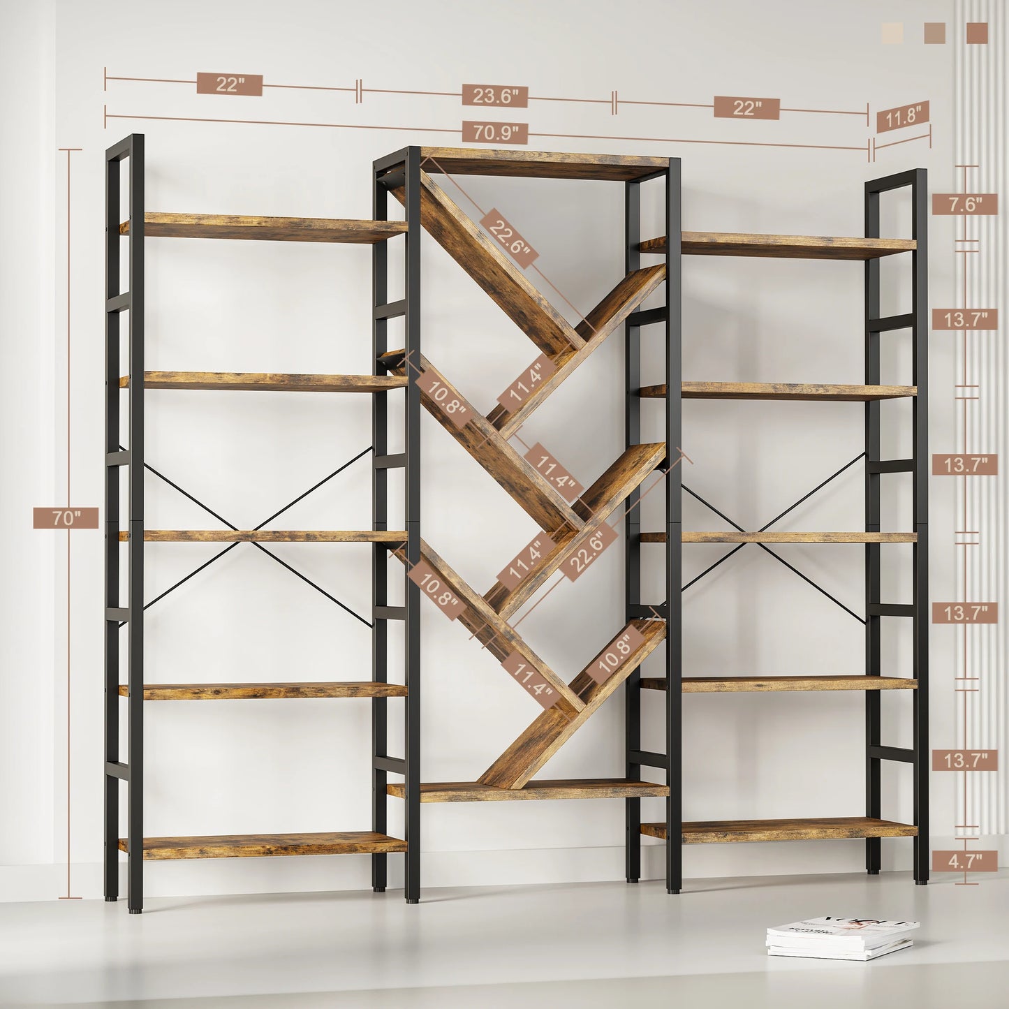 Triple 5 Tier Bookshelf Large Wooden Bookcase