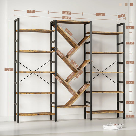Triple 5 Tier Bookshelf Large Wooden Bookcase