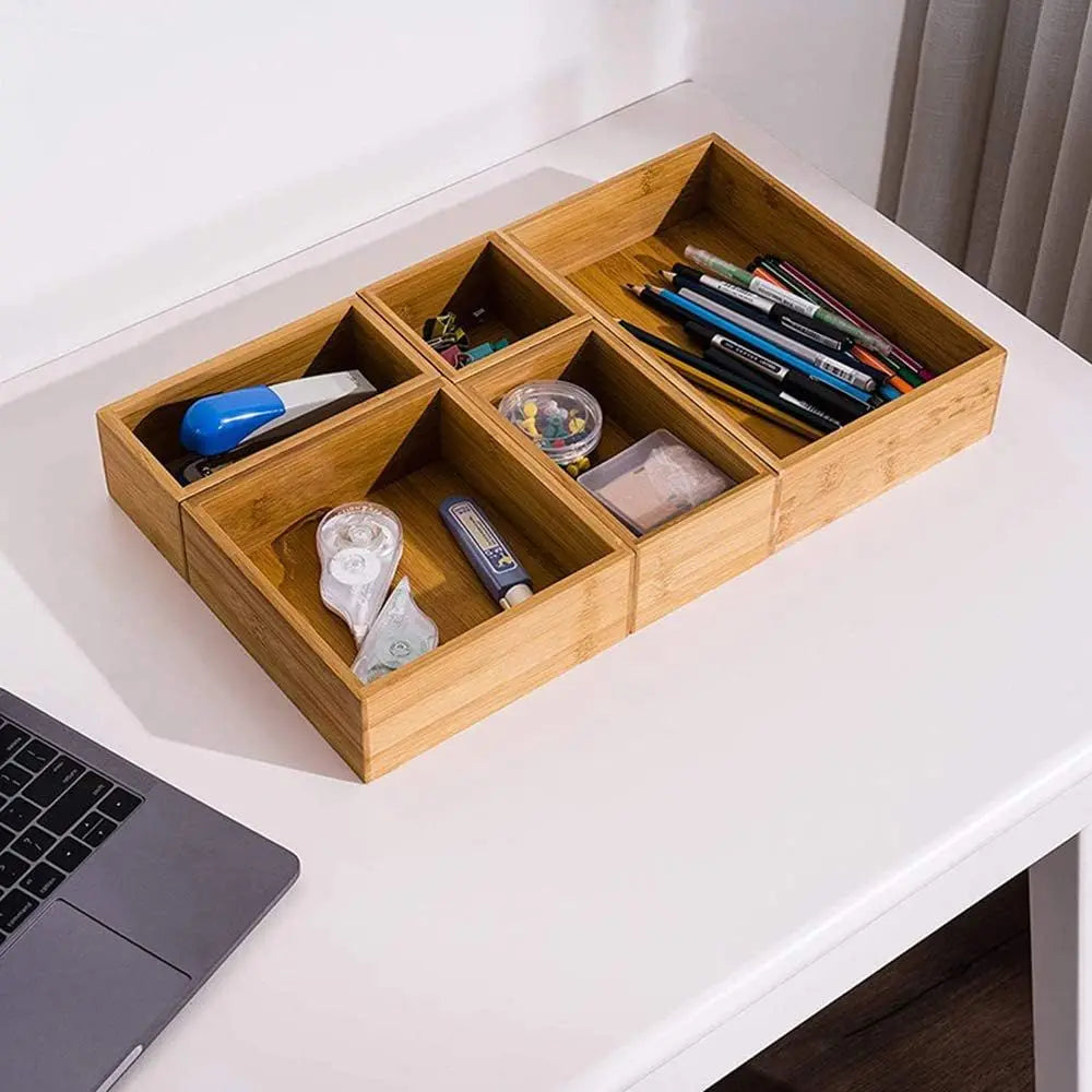 5 Bamboo Drawer Organizer Desk Storage Kit
